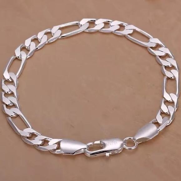 Silver 10mm Figaro Bracelet, Men Chain Link Bracelet, Silver  925 Silver Plated Bracelet Figaro 10mm Valentine\'s Anniversary Birthday Gift